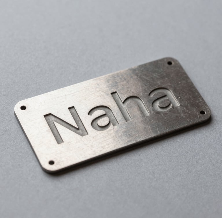 Nahaufnahme einer Seed-Phrase-Platte aus Stahl, leicht geneigt, auf einem grauen Hintergrund. Fokus auf die eingravierten Wörter, die unter dem Licht hervorstechen. Saubere, präzise Studiobeleuchtung.