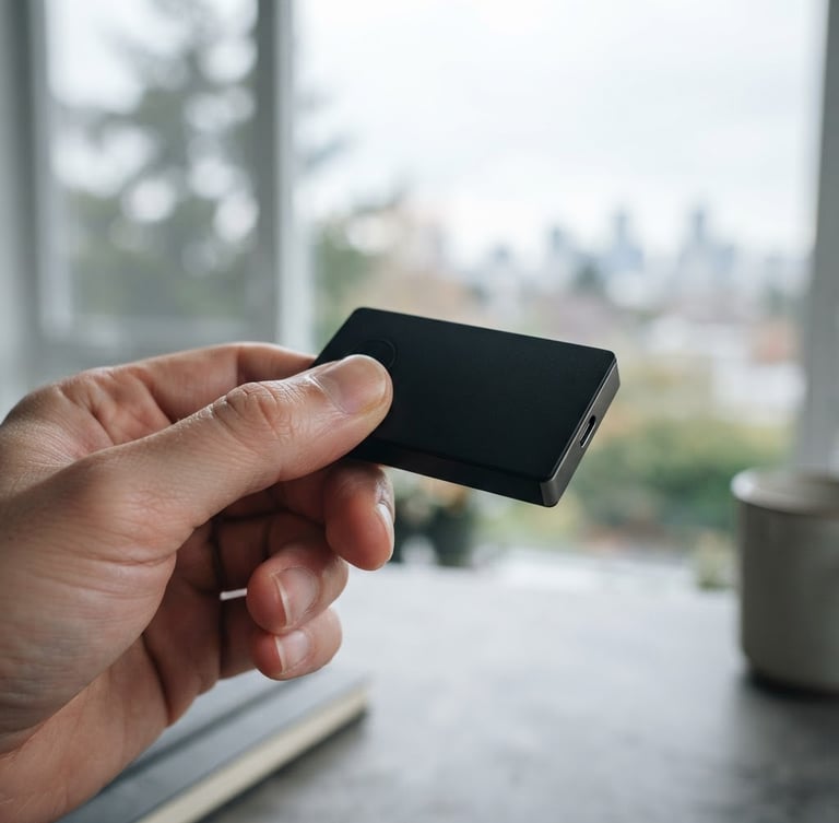 Makroaufnahme einer Hand, die eine matte schwarze Hardware-Wallet hält, im Gegenlicht eines Fensters, auf einem minimalistischen Schreibtisch. Scharfe Tiefenschärfe auf der Wallet. Muted Slate und metallische Töne.