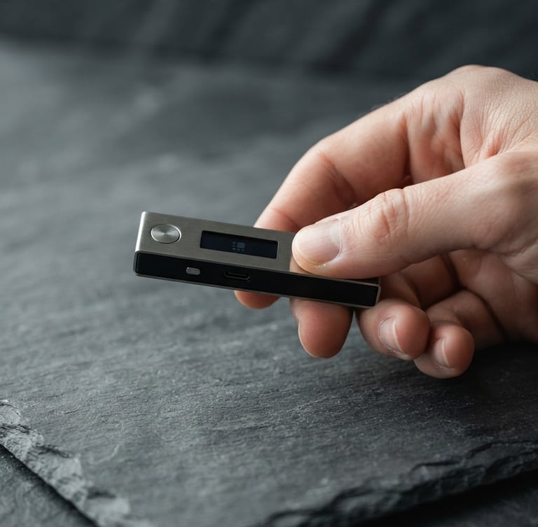Makroaufnahme einer Hand, die eine Cold Wallet (Hardware-Wallet) auf einer schlichten, architektonischen Oberfläche hält, weiches natürliches Licht, gedämpfte Schiefer- und Metalltöne, scharfer Fokus.