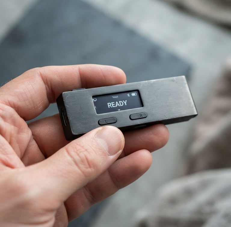 Makroaufnahme einer Hand, die eine Hardware-Wallet mit einem scharfen Fokus auf den Bildschirm hält, der 'Ready' anzeigt. Muted slate und metallische Töne, weiches Nordlicht.
