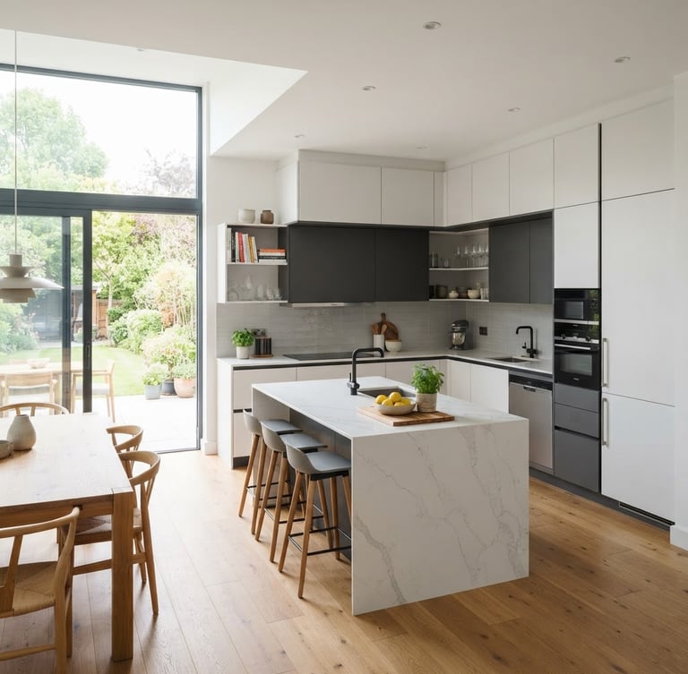 Wide shot of a modern modular kitchen with clean lines and integrated appliances, bright natural daylight, high-detail wide-angle lens, professional interior photography