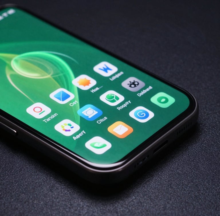 Macro studio shot of a flagship Android screen corner displaying a glowing, high-refresh-rate system interface with dynamic green accents, moody dark background