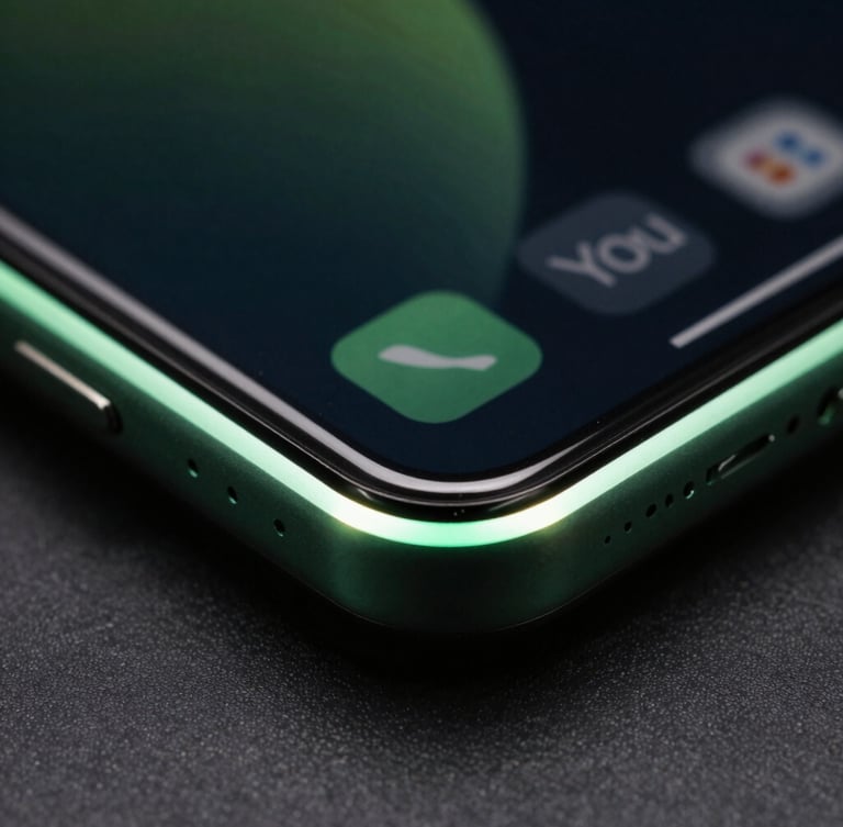 Macro detail of a physical Android device edge with a glowing screen corner displaying a dark-mode Material You interface, vibrant green accent light reflecting on the chassis