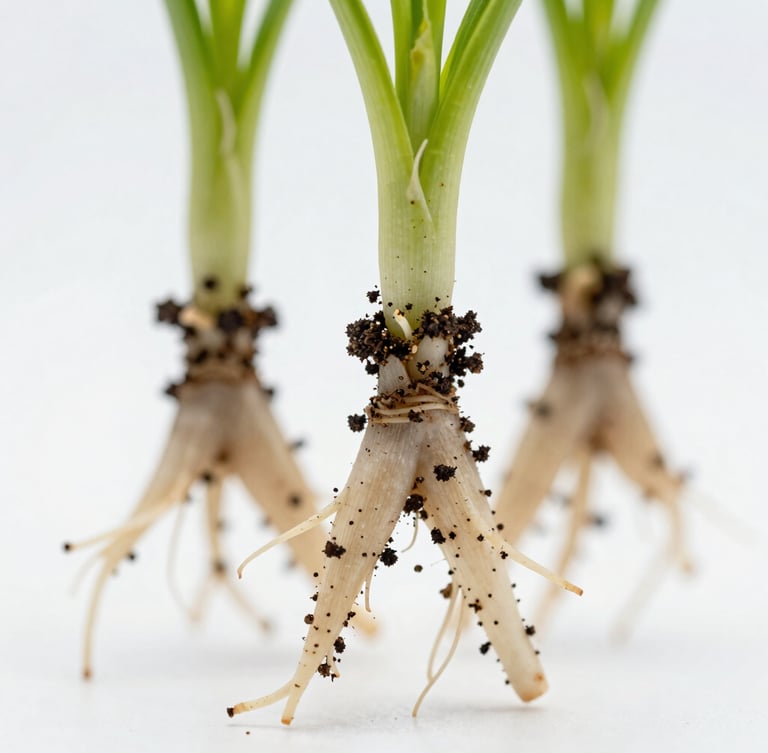 Crisp macro shot of healthy plant roots with rich soil particles clinging to the root hairs, bright clean laboratory lighting, shallow depth of field