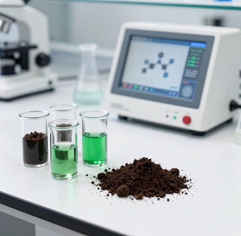 A clean modern laboratory bench with soil samples in glass vials and a digital analysis screen showing molecular data, bright white daylight