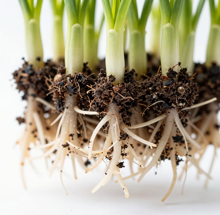 Crisp scientific macro photography of a healthy crop root system with clinging soil, bright high-key natural daylight, sharp focus, vibrant green shoots visible at the top edge.