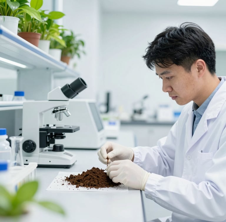 Bright clean laboratory interior, a technician in a white coat carefully preparing soil samples under high-key white laboratory light, scientific instrumentation and vibrant green plant specimens in the background.
