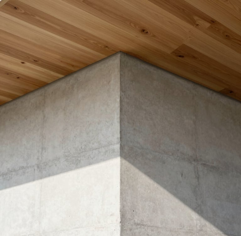 Architectural photography of a clean concrete wall meeting a warm oak timber ceiling, soft natural daylight casting sharp geometric shadows on the plaster surface, orthogonal detail shot, 35mm