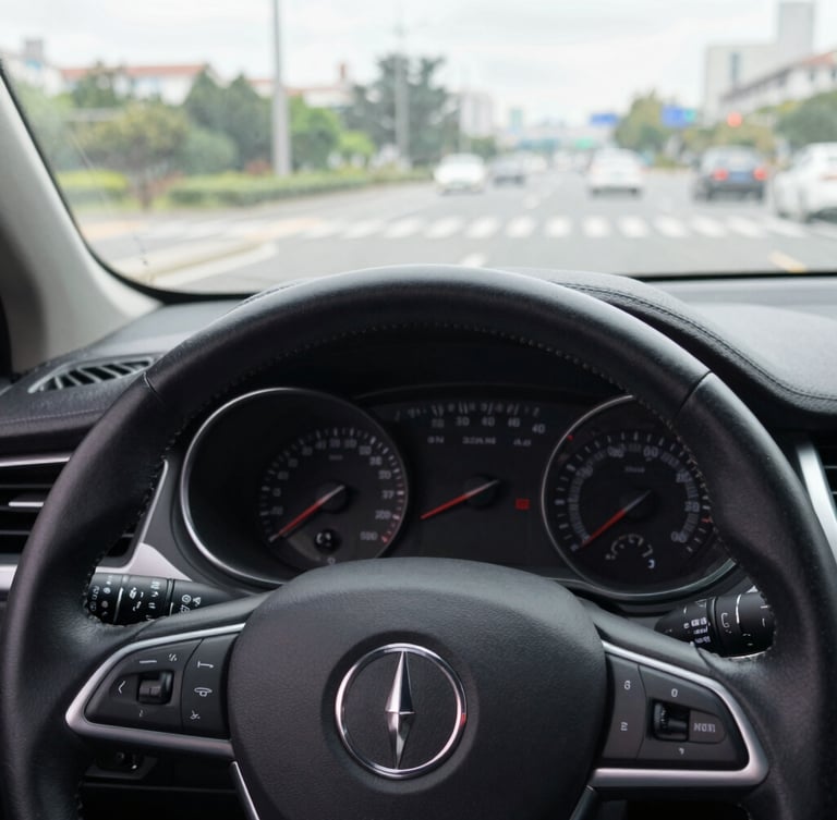 Close-up detail shot of a clean modern car dashboard and steering wheel, soft overcast light coming through the window, sharp focus on the speedometer, natural colors