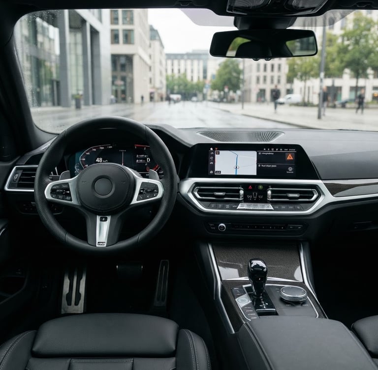 Sharp eye-level shot of a clean sedan dashboard and steering wheel, soft overcast daylight, modern urban backdrop, 50mm lens focus