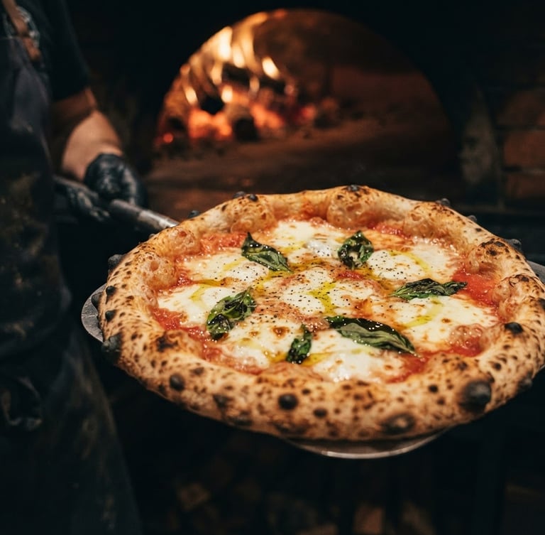 Gros plan sur une pizza croustillante sortant d'un four à bois, mozzarella fondante, basilic frais, lumière chaude du feu, tons saturés.