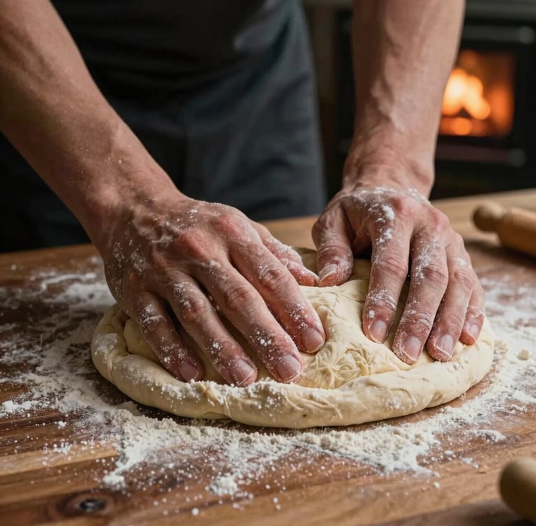 Close-up of hands kneading artisanal pizza dough on a wooden surface, flour dusting the hands, warm moody food photography, glowing wood-fire light, rich saturated tones, dark charcoal background, shallow depth of field, 35mm