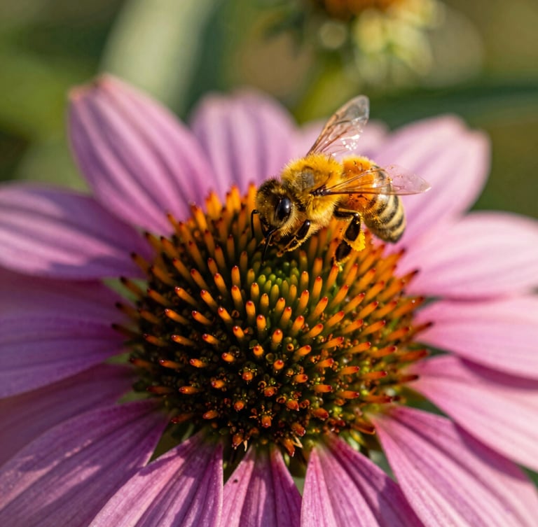 Macro photograph of a vibrant purple coneflower in warm golden-hour sunlight, a honeybee dusted with yellow pollen actively working the center, soft green background