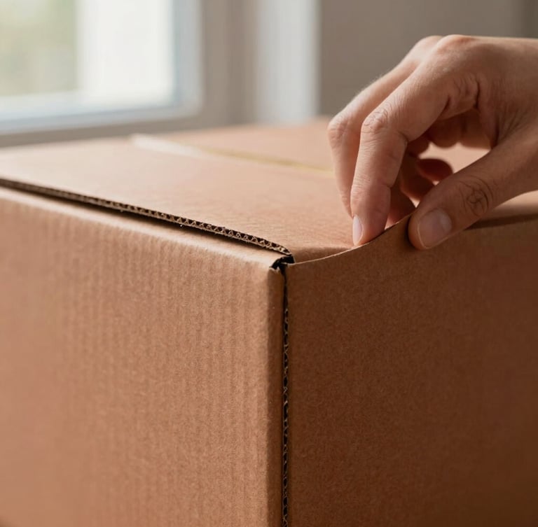 Extreme close-up of artisan hands wrapping a structured terracotta cardboard box with fine textured linen, soft window side-light, focus on clean corner tuck.