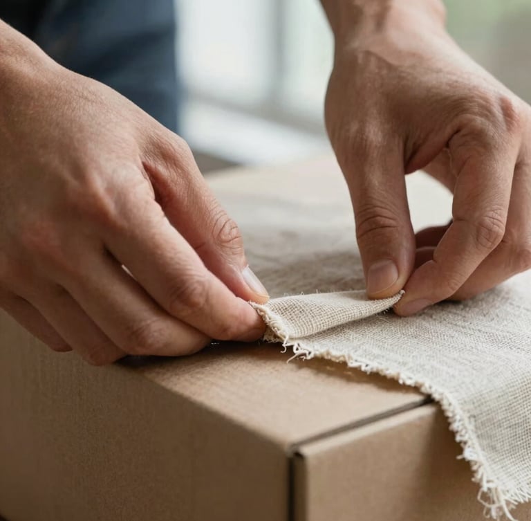 Macro close-up of hands carefully aligning a linen texture cover onto a structured cardboard box, soft window light, shallow depth of field.