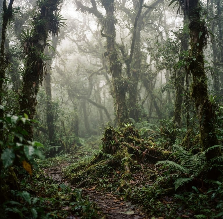 Misty morning in the Veracruz cloud forest, soft diffused light filtering through ancient oak trees and moss, cinematic 35mm, shallow depth of field