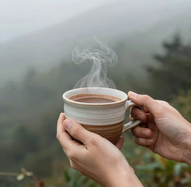 Close up of hands holding a warm handmade ceramic cup with steaming cacao, soft natural light, misty forest background, 35mm photography