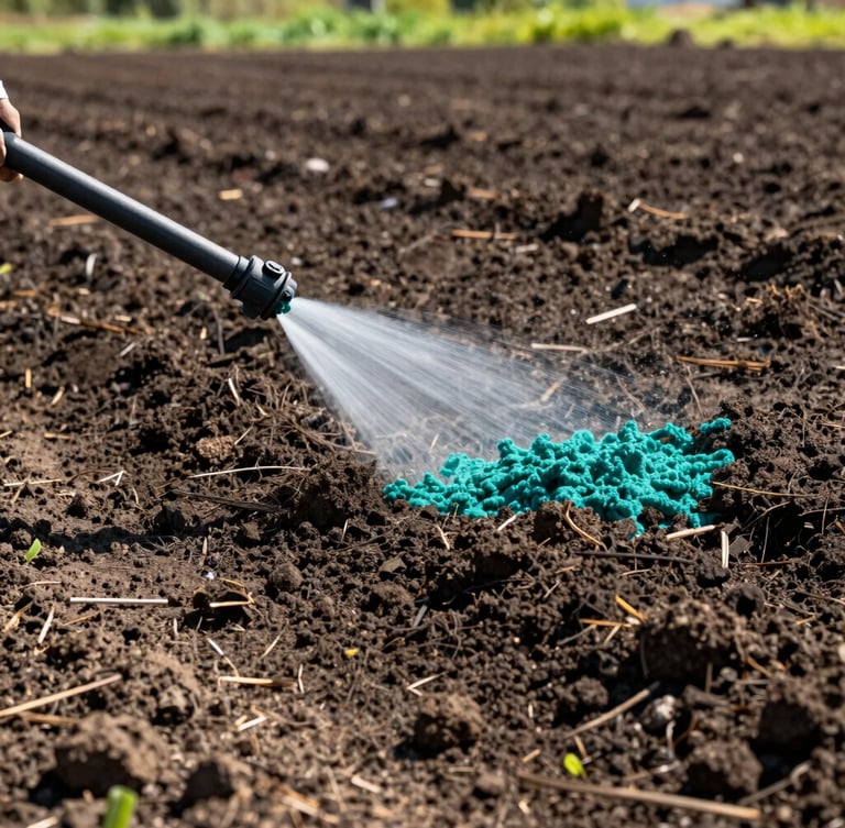 Low-angle shot of a hydroseeding nozzle spraying bright blue-green slurry onto dark prepared soil, morning sunlight, crisp details