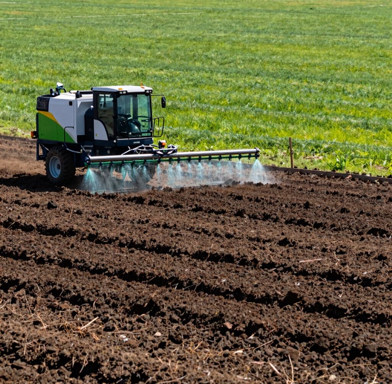 Low-angle wide shot of a professional hydroseeding machine spraying bright blue-green slurry onto dark, graded soil. Saturated natural greens and rich earth tones under bright morning daylight, crisp editorial outdoor photography.