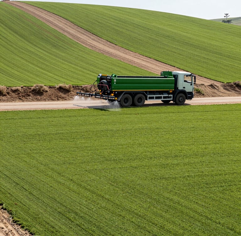 Wide-angle outdoor shot of a professional green hydroseeding truck spraying a uniform layer of green mulch on a wide, sloping hillside, bright morning daylight, clean editorial style