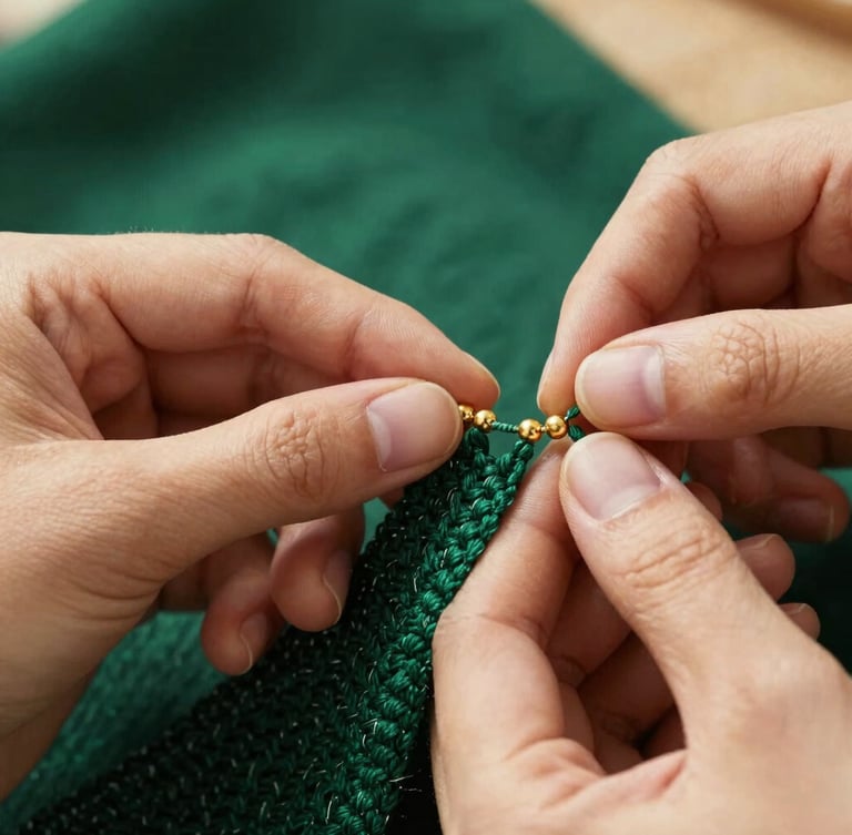 Hands of a master artisan carefully threading gold beads into a deep emerald green cotton weave, warm natural side-lighting, macro focus on the physical texture.