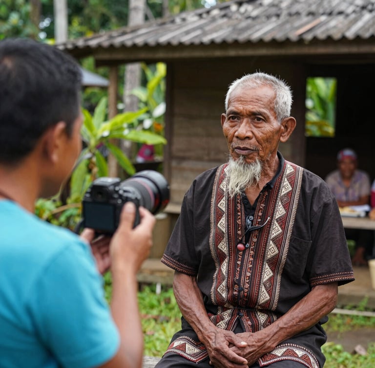 Candid medium shot of a local journalist interviewing a Dayak elder in Sekadau, natural outdoor lighting, authentic community setting, 35mm lens