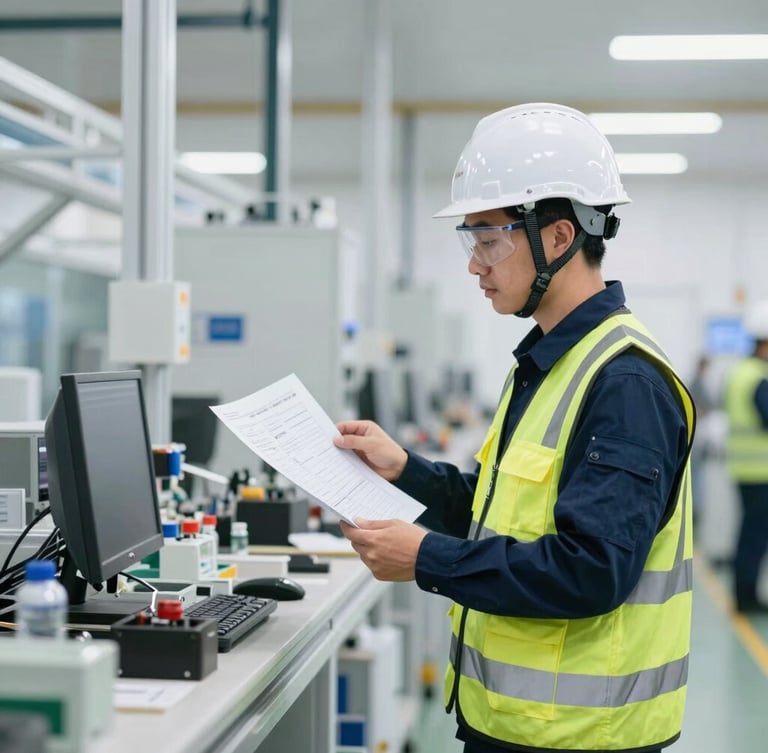 A professional lead industrial auditor in high-vis vest and protective helmet inspecting a clean, modern manufacturing line with schematics in hand, bright natural technical lighting.