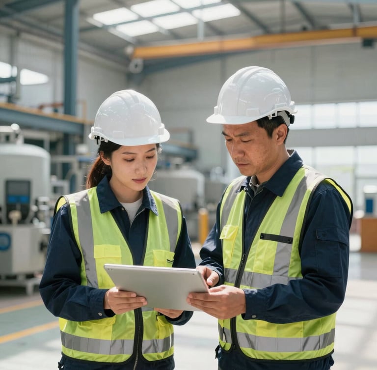 Crisp corporate photography, a professional industrial engineer in high-vis gear conducting a technical audit inside a modern Mexican manufacturing plant, bright natural daylight, sharp focus.