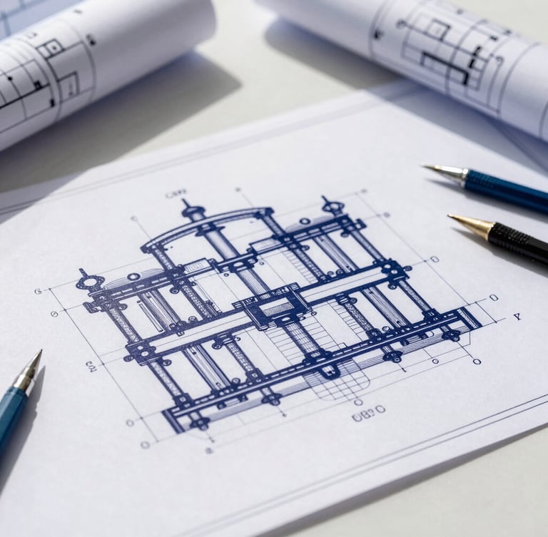 Close-up of industrial technical blueprints on a clean desk, bright natural daylight, deep navy tones, sharp focus, technical drawing tools nearby.