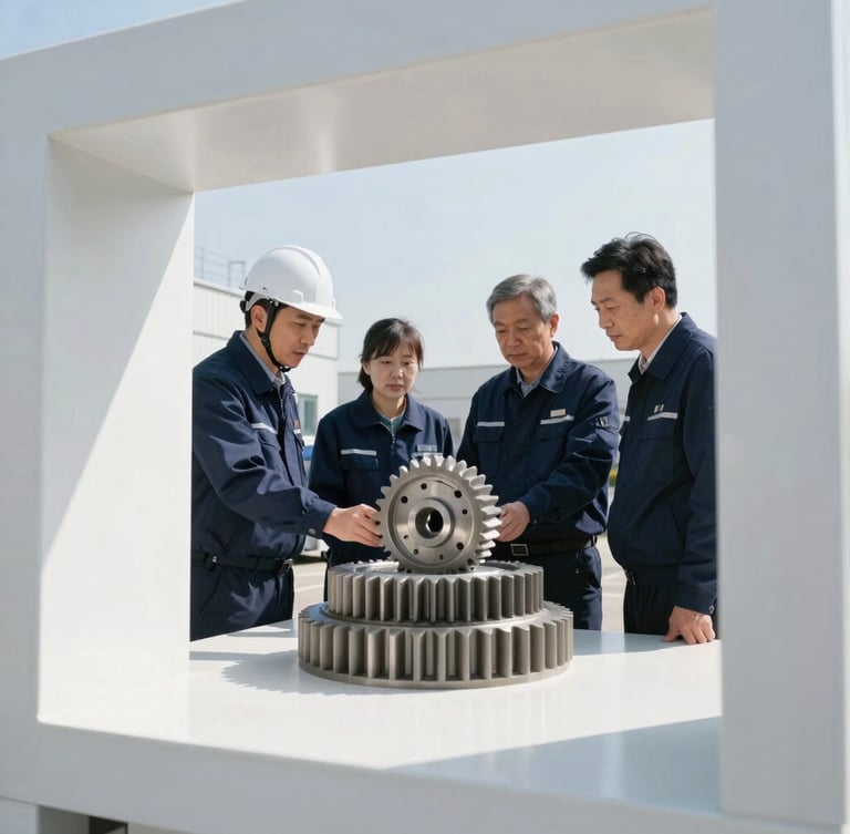 Industrial engineers in high-vis gear conducting a technical audit on a clean factory floor, bright natural daylight, sharp focus, architectural framing