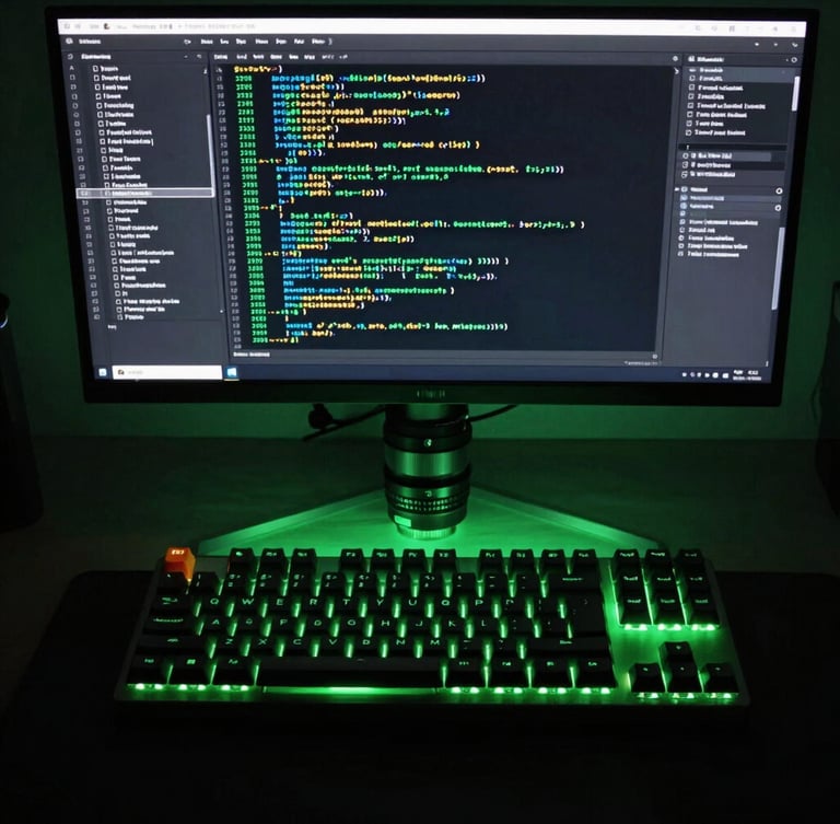 Straight-on flat-lay of a developer desk with a mechanical keyboard, neon green ambient light reflecting on a clean monitor displaying structured JSON payloads, macro lens, 35mm