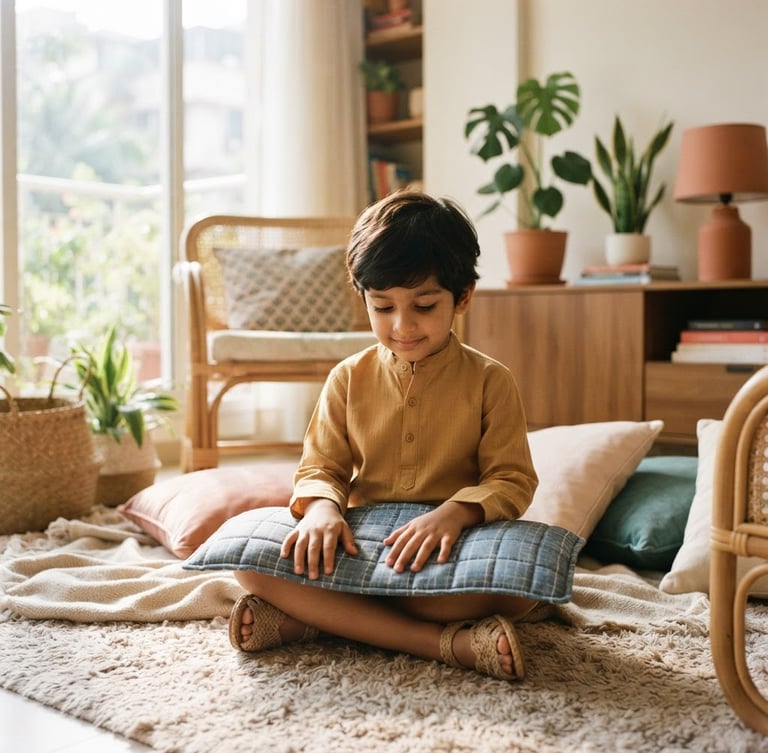 Warm editorial photography of a child calmly sitting with a weighted lap pad in a sunlit modern Indian living room, soft natural daylight, shallow depth of field
