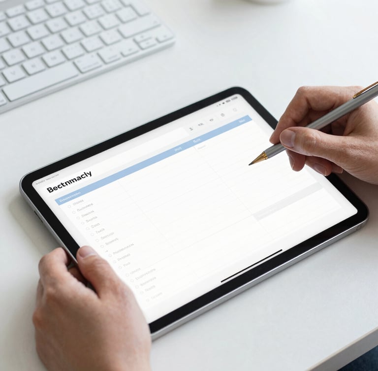 A close-up, clean editorial photograph of a professional workspace with structured planning tools, a clean digital interface on a tablet, and hands working on structured documents under bright, cool daylight.