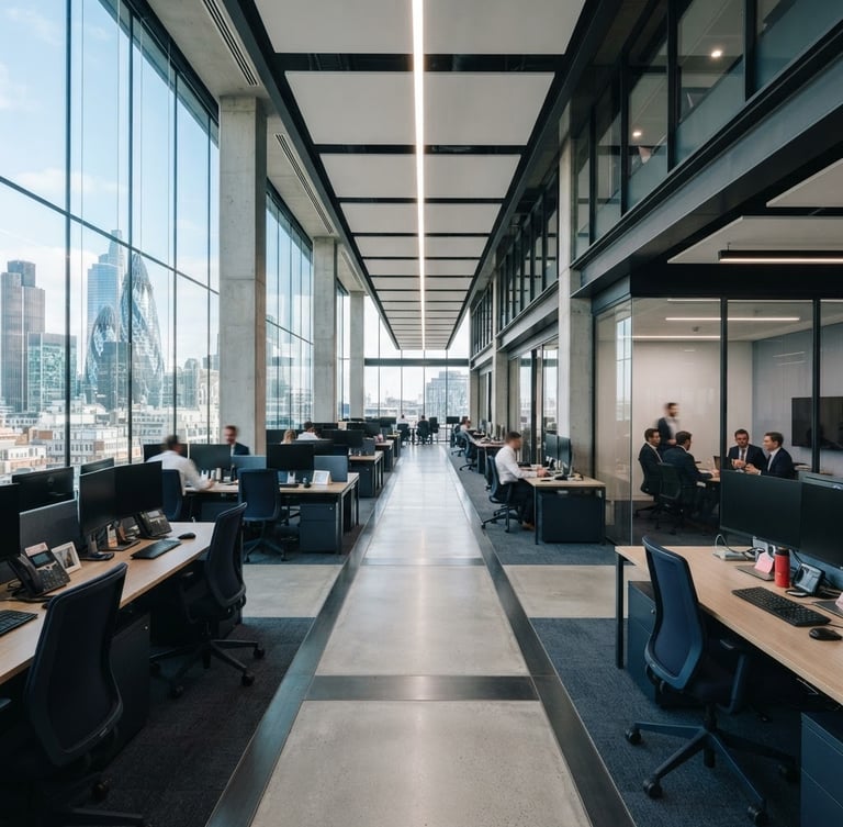 Straight-on architectural view of a structured modern corporate workspace, bright natural daylight, cool slate tones, sharp focus, 35mm lens.