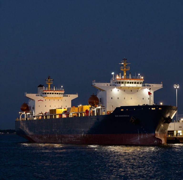 Wide environmental shot of a modern deepwater shipping port at dusk, high-contrast lighting, deep navy tones, sharp focus, 35mm