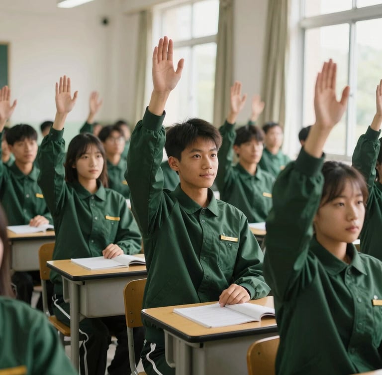 Medium shot of students in deep forest green uniforms raising hands in a sunlit classroom, natural daylight