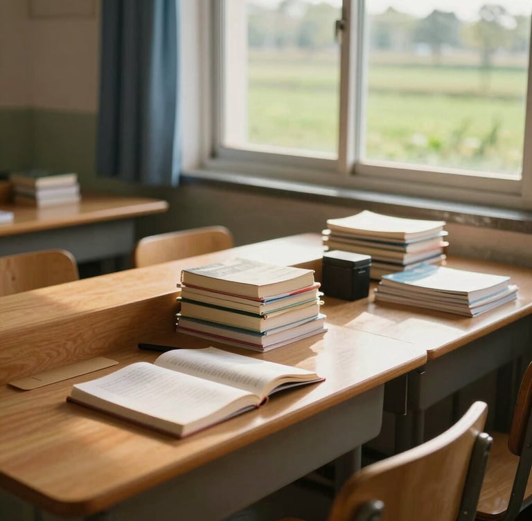 A warm, tidy boarding school study room with wooden desks, a window showing green fields, and neatly organized books, natural afternoon light.