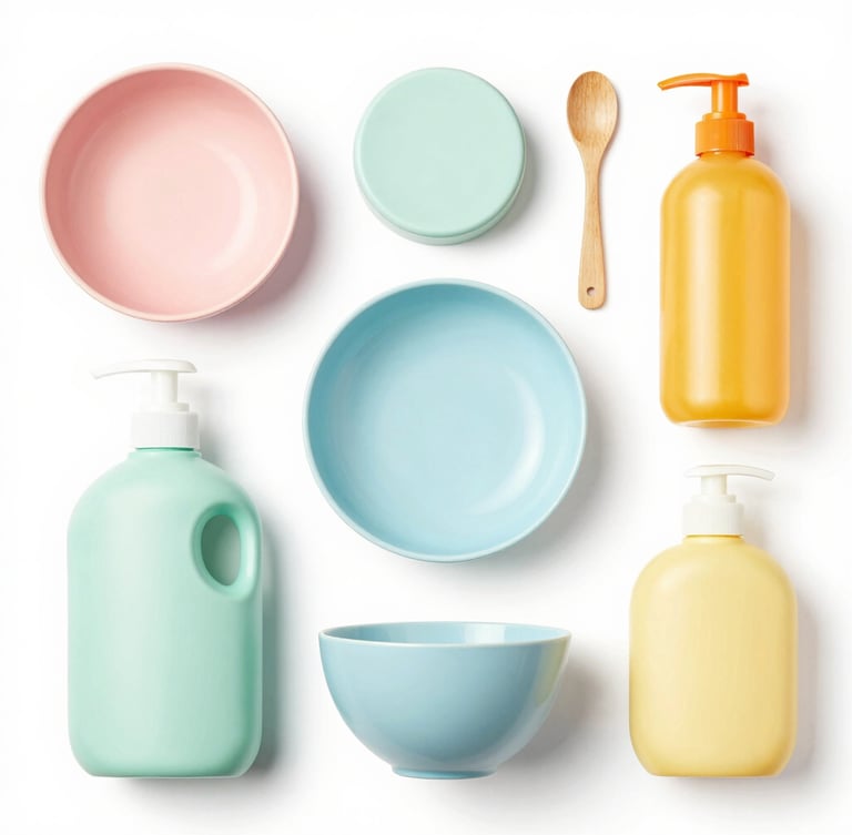 Clean flatlay of modern pastel home accessories, kitchenware, and beauty bottles, bright white studio backdrop, sharp focus, 50mm