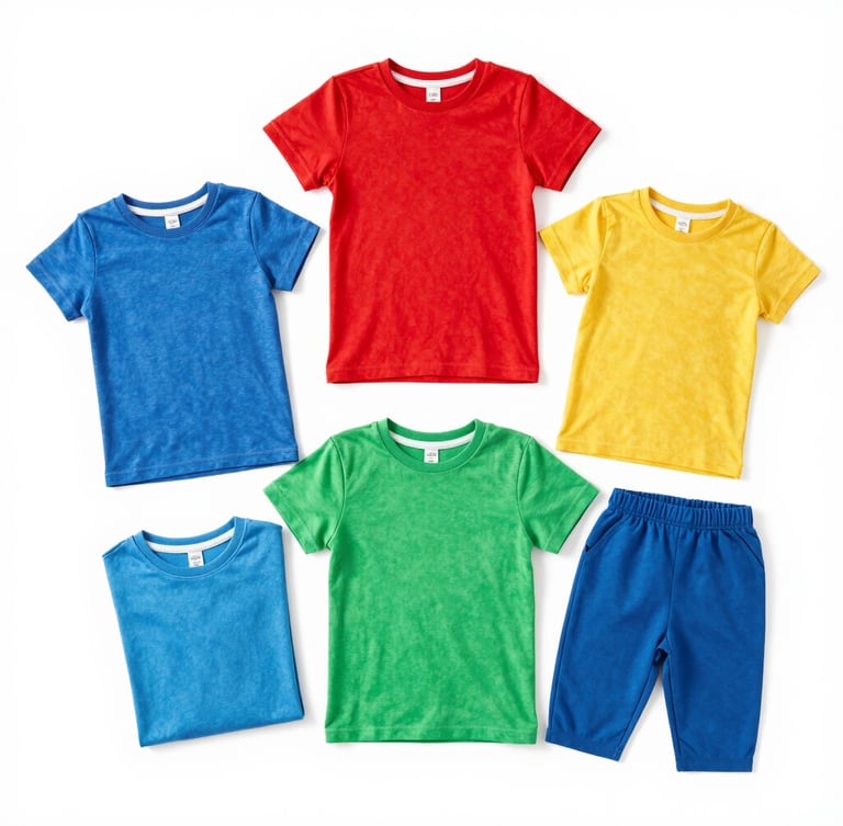 Bright commercial studio flatlay of coordinated family apparel, clean white background, vibrant colors, sharp focus