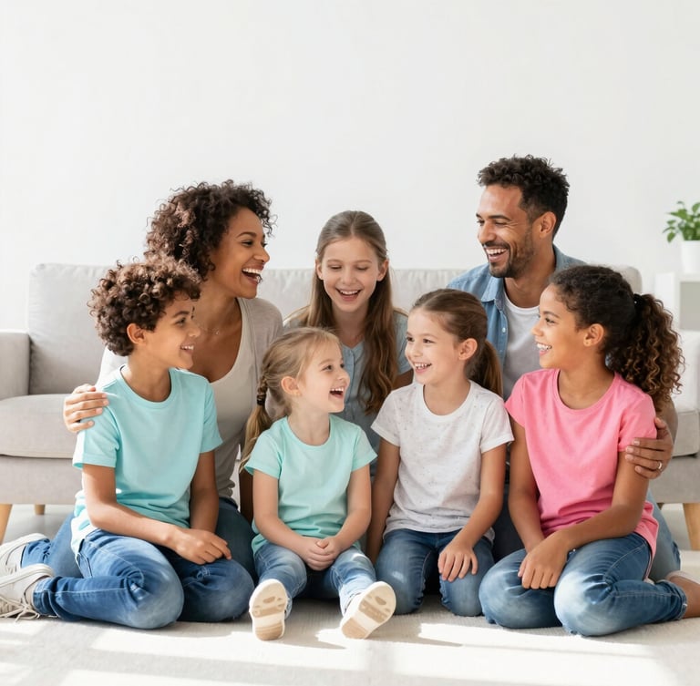Bright high-key commercial photography of a happy diverse family laughing together in a modern sunlit living room, soft shadows, sharp focus