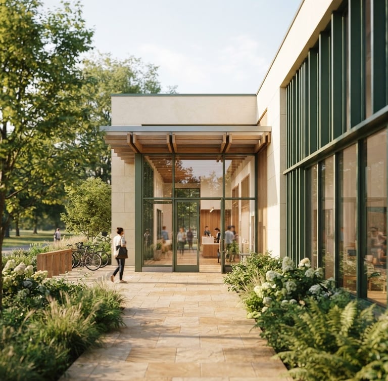 Sun-drenched architectural rendering of a modern community center entrance, warm natural morning light, soft cream and forest green tones, clean lines, shallow depth of field, 35mm