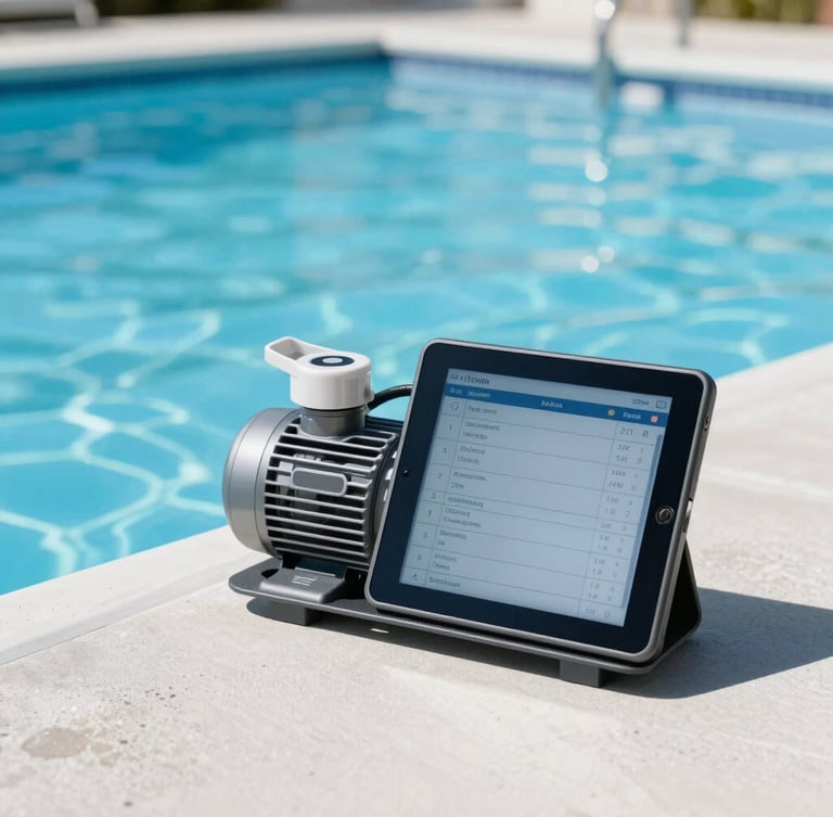 A commercial pool pump room with clean filtration equipment, a digital tablet displaying water quality logs placed on a clean surface, sharp focus, 35mm