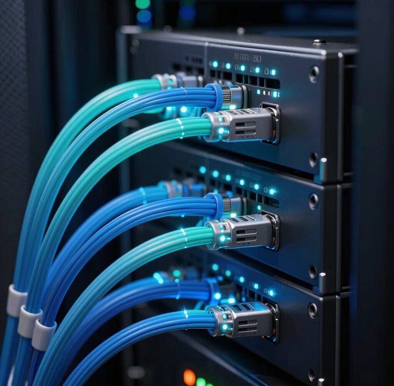 Extreme close-up of a high-tech server rack with glowing cyan and blue fiber optic cables, pulsing data lights in a dark data center, high-tech financial intelligence atmosphere