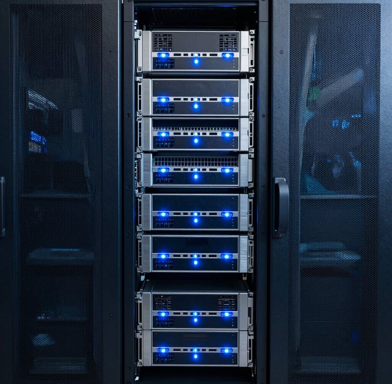 Symmetric close-up of a secure enterprise server rack with blue status lights, brushed silver casing, cool corporate photography, sharp architectural lines, 35mm