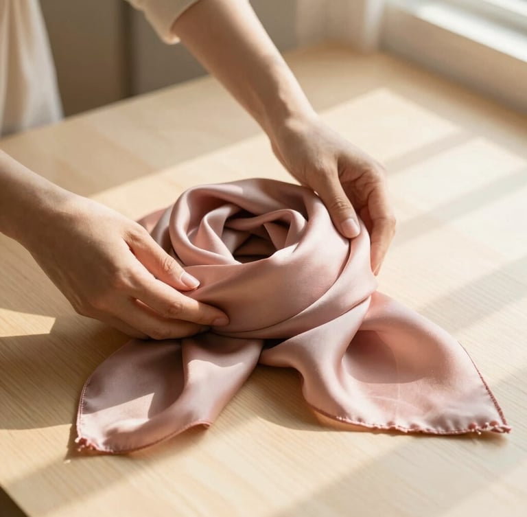 Detail of hands gently arranging a dusty rose silk scarf on a light wooden table, soft shadows, warm natural light