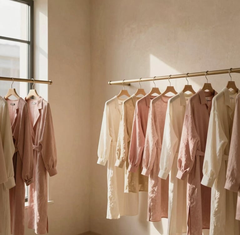 Elegant minimalist boutique interior with warm beige plaster walls, premium clothing racks holding soft pink and cream linen garments, soft golden-hour light, 35mm photography