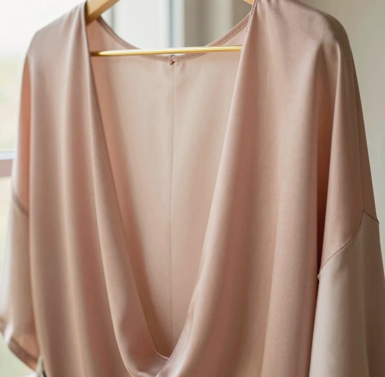 Close-up of elegant dusty rose and cream silk fabrics gently draped over a golden hanger, soft window light highlighting the rich texture, minimal editorial style, 35mm