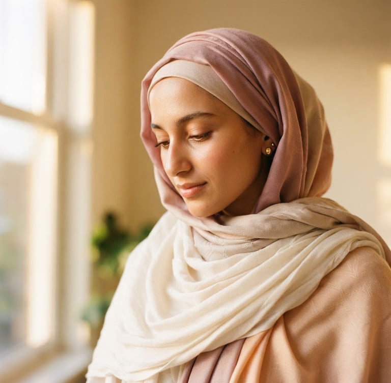 A close-up portrait of softly draped pastel-colored fabrics and premium modest scarves under warm golden-hour window light, elegant texture details, 35mm