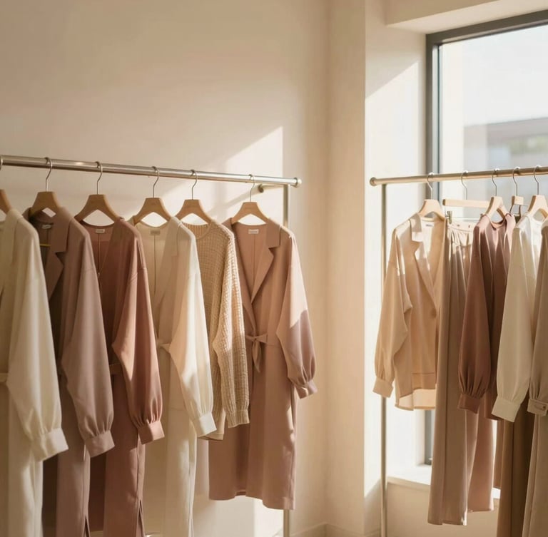 A warm-toned minimalist boutique interior with softly lit clothing racks, textured drapes, and elegant lifestyle accessories in Ampang, Selangor