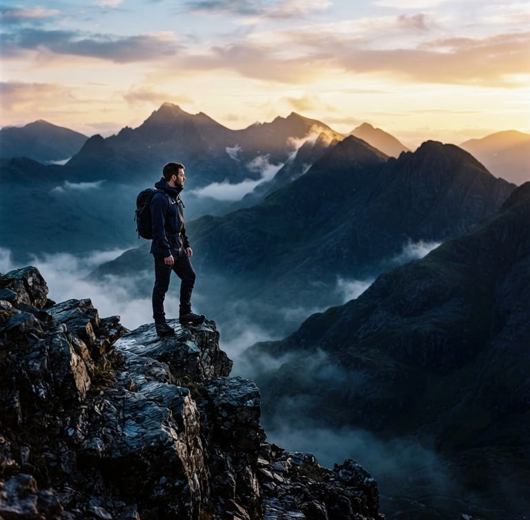 Cinematic early morning golden hour light, misty mountain peak in deep navy tones, solitary figure in contemplation, 35mm